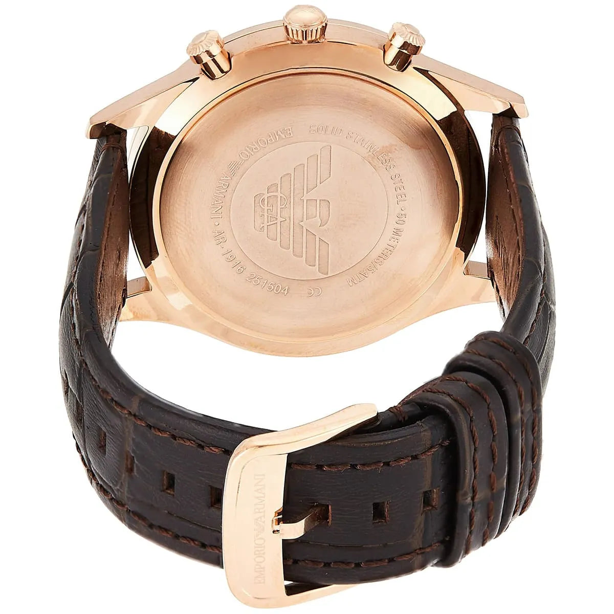 Emporio Armani Beta AR1916 dial detail with chronograph subdials and rose gold pushers