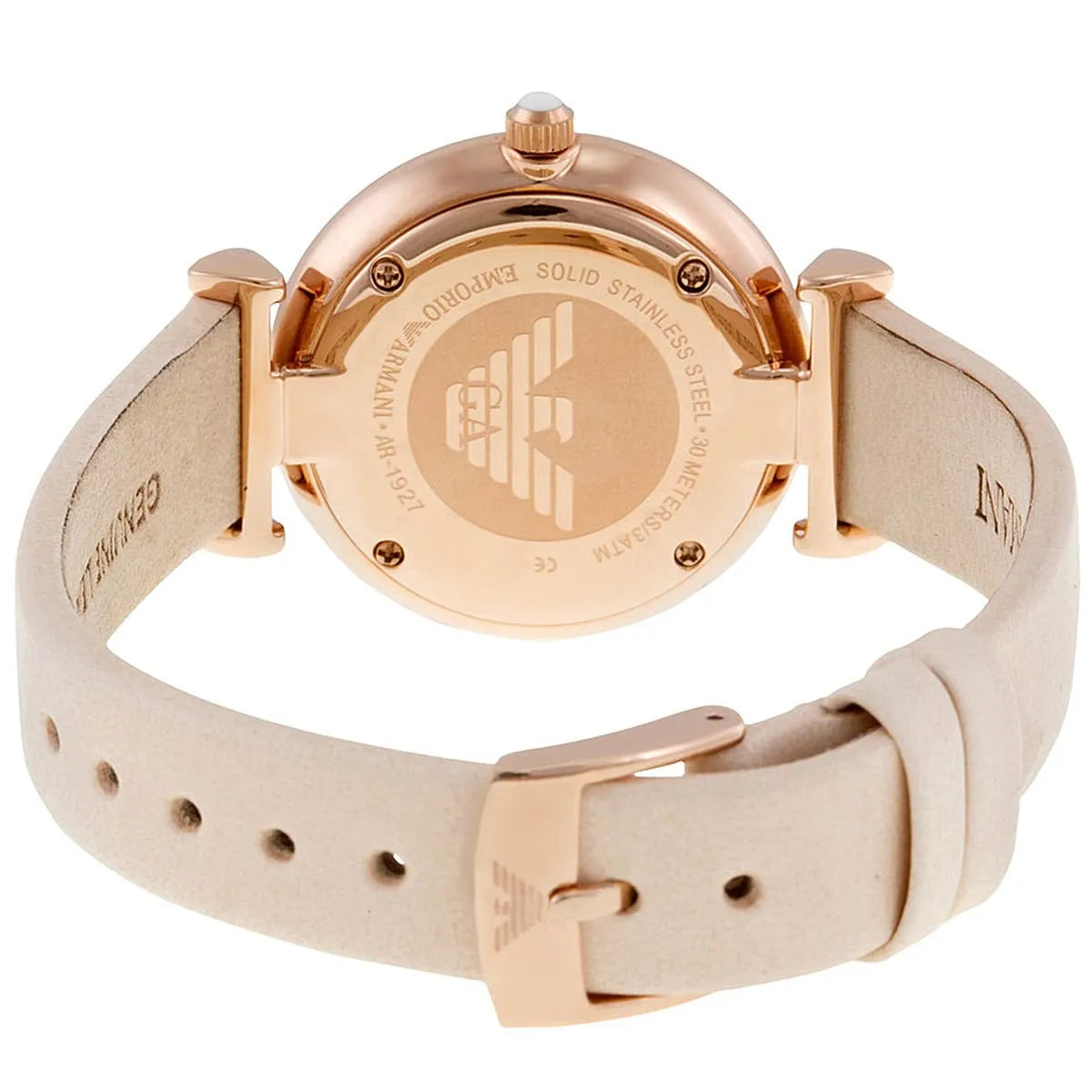 Emporio Armani Gianni T-Bar caseback detail with eagle logo and case engravings