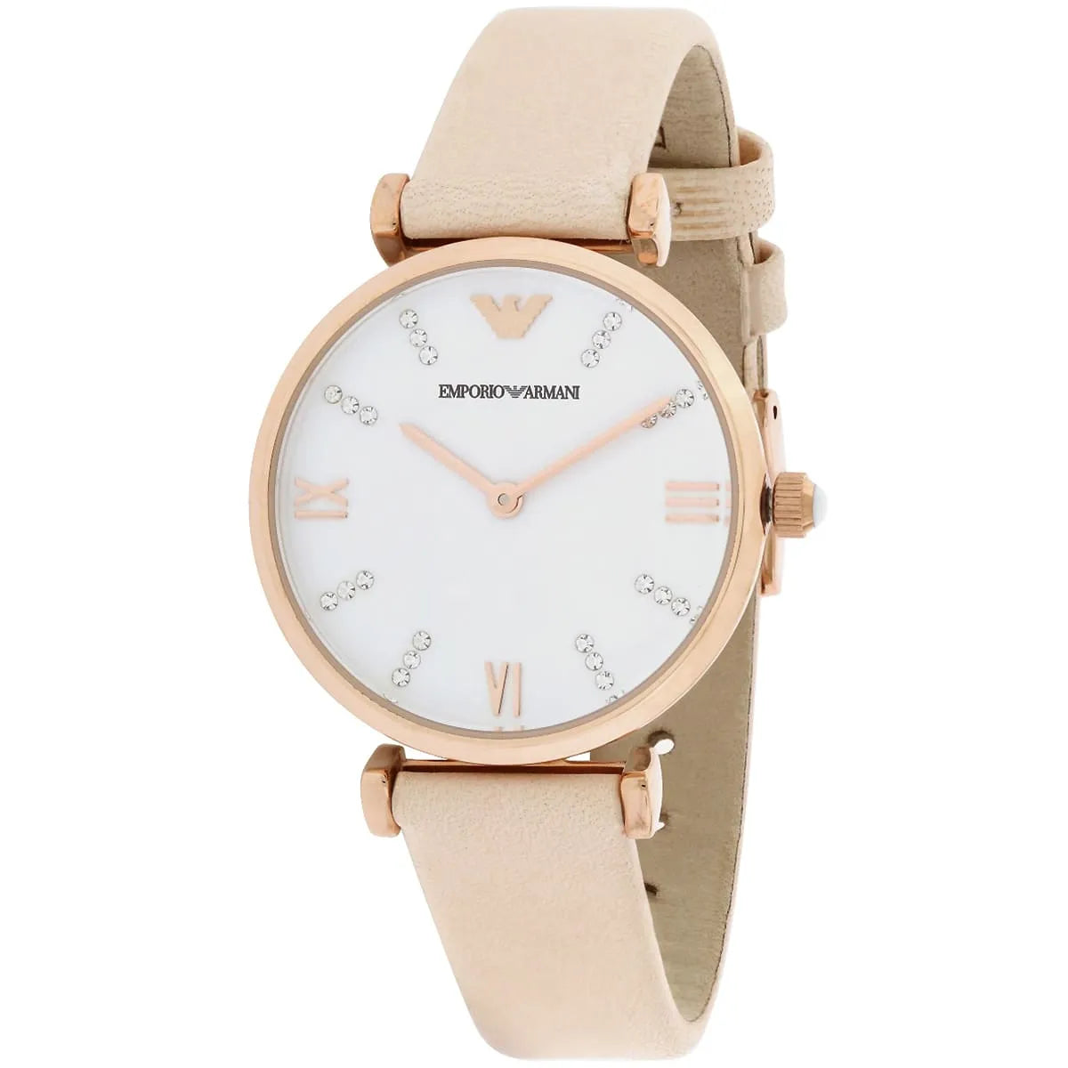 Emporio Armani Gianni T-Bar watch on wrist with rose gold case and beige leather strap