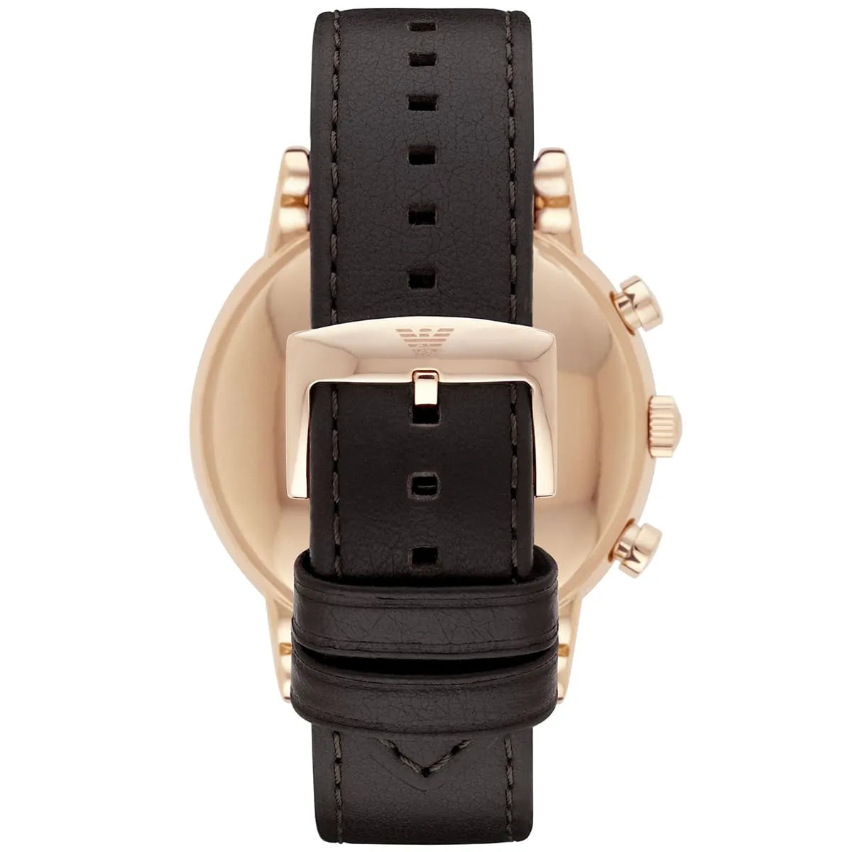 Emporio Armani AR1931 caseback view showing gold-plated stainless steel case and black leather strap