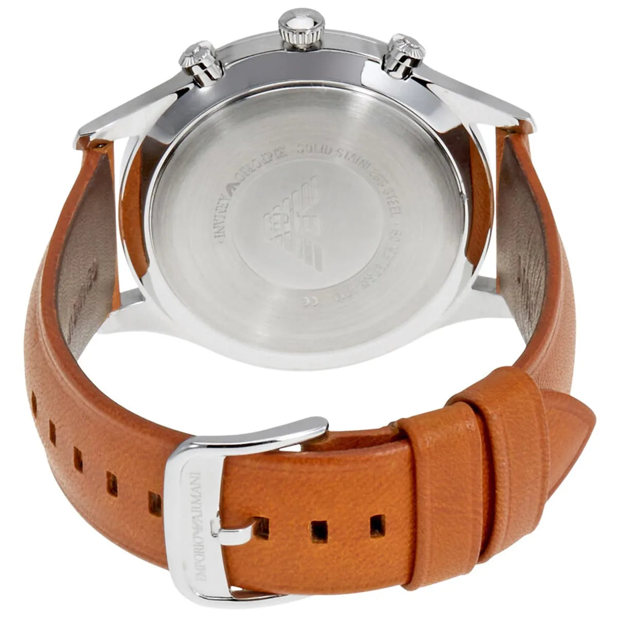 Side view of Emporio Armani Gianni T-Bar chronograph case showing chronograph pushers and metal lugs