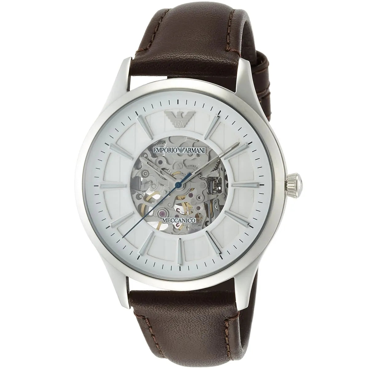 Emporio Armani Meccanico automatic watch front view showing white skeleton dial