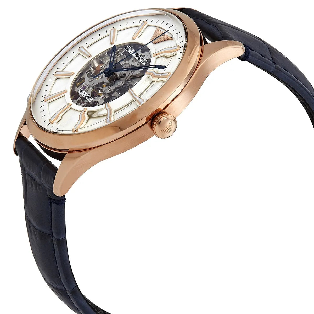 Emporio Armani Beta AR1947 rose gold watch side angle view showing skeleton movement through dial