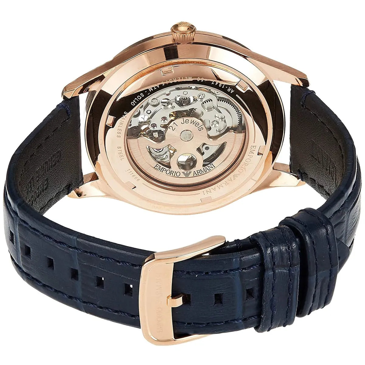 Emporio Armani Beta AR1947 rose gold watch caseback showing visible automatic movement mechanism