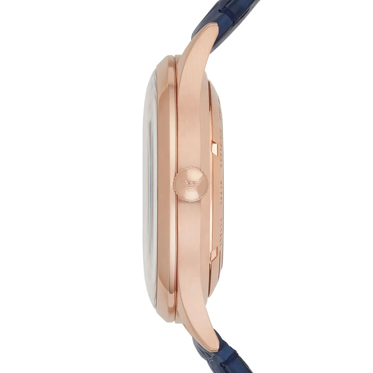 Emporio Armani Beta AR1947 rose gold watch side profile with navy leather strap