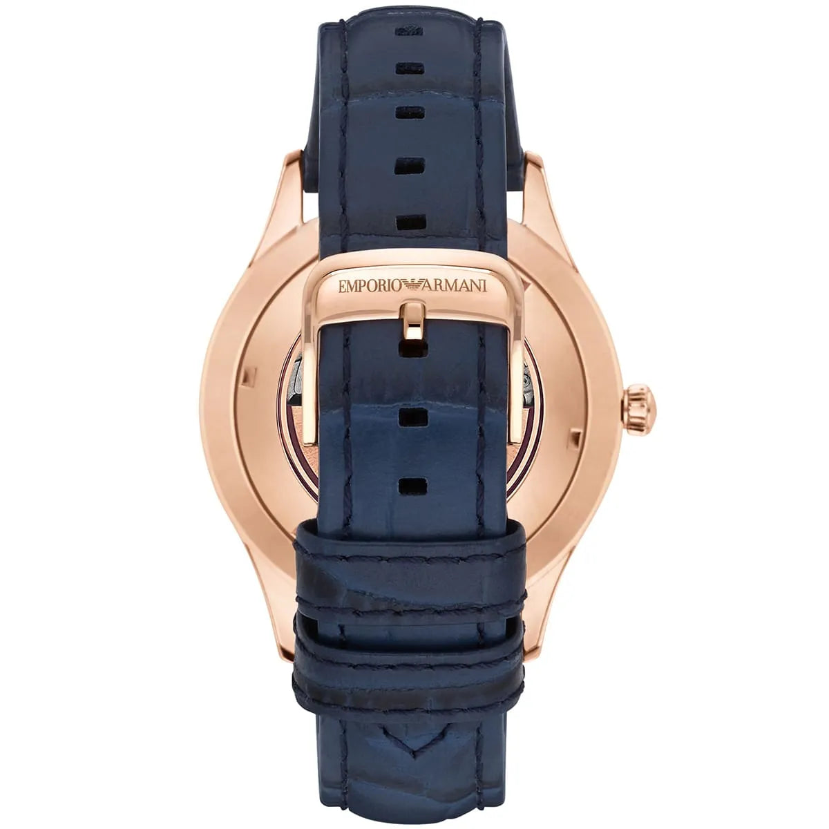 Emporio Armani Beta AR1947 watch back view showing navy blue quilted leather strap and caseback