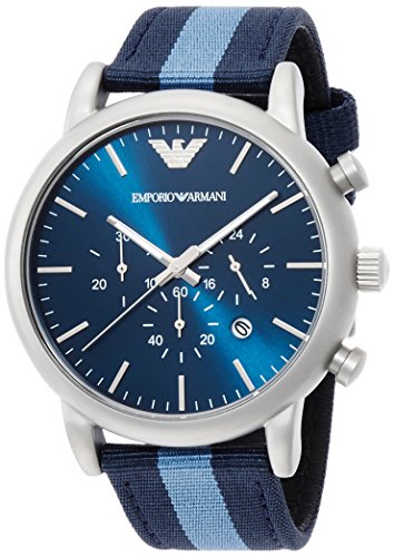 Emporio Armani Luigi AR1949 chronograph watch with navy dial and navy-light blue striped fabric strap