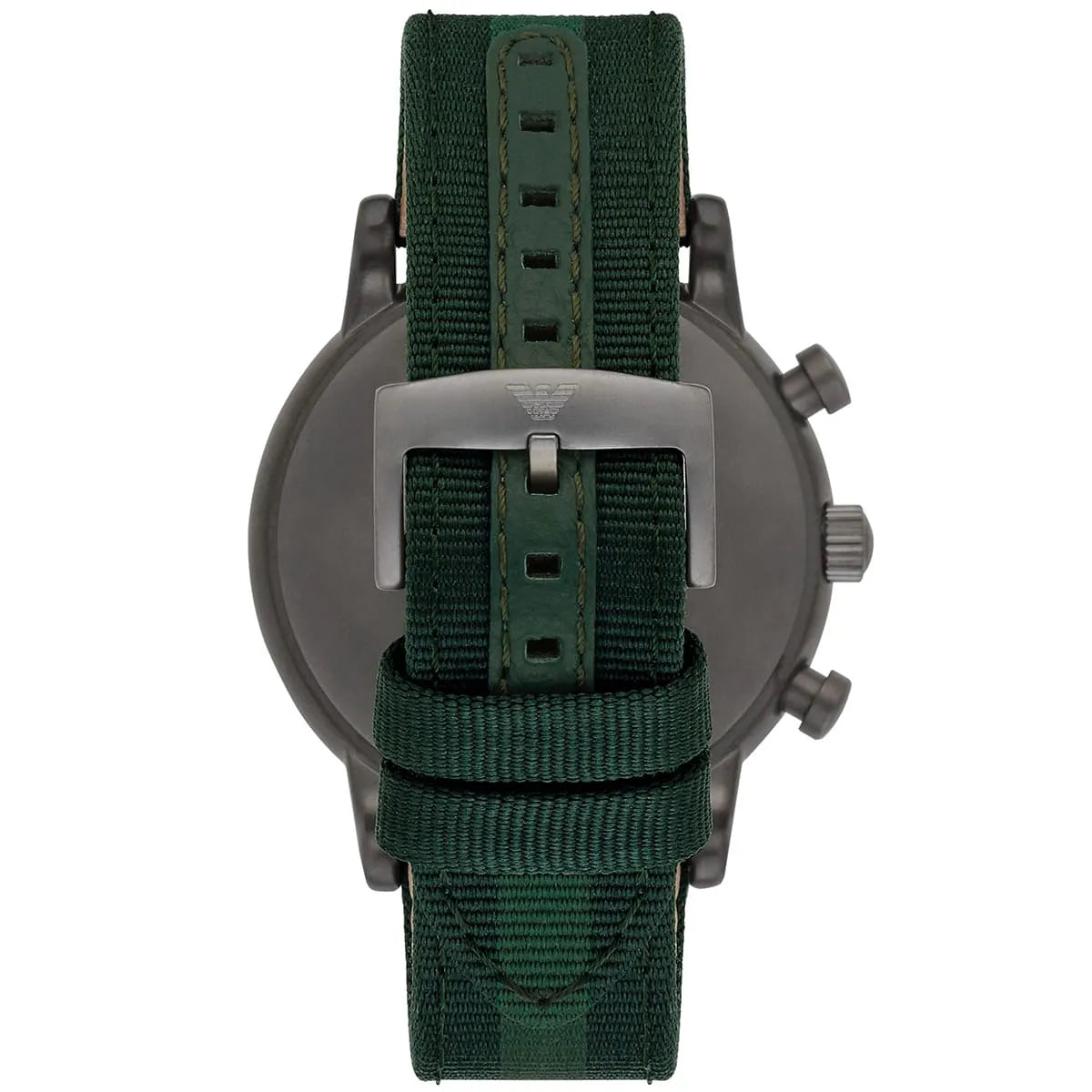 Caseback of Emporio Armani AR1950 showing green textile over leather strap detail