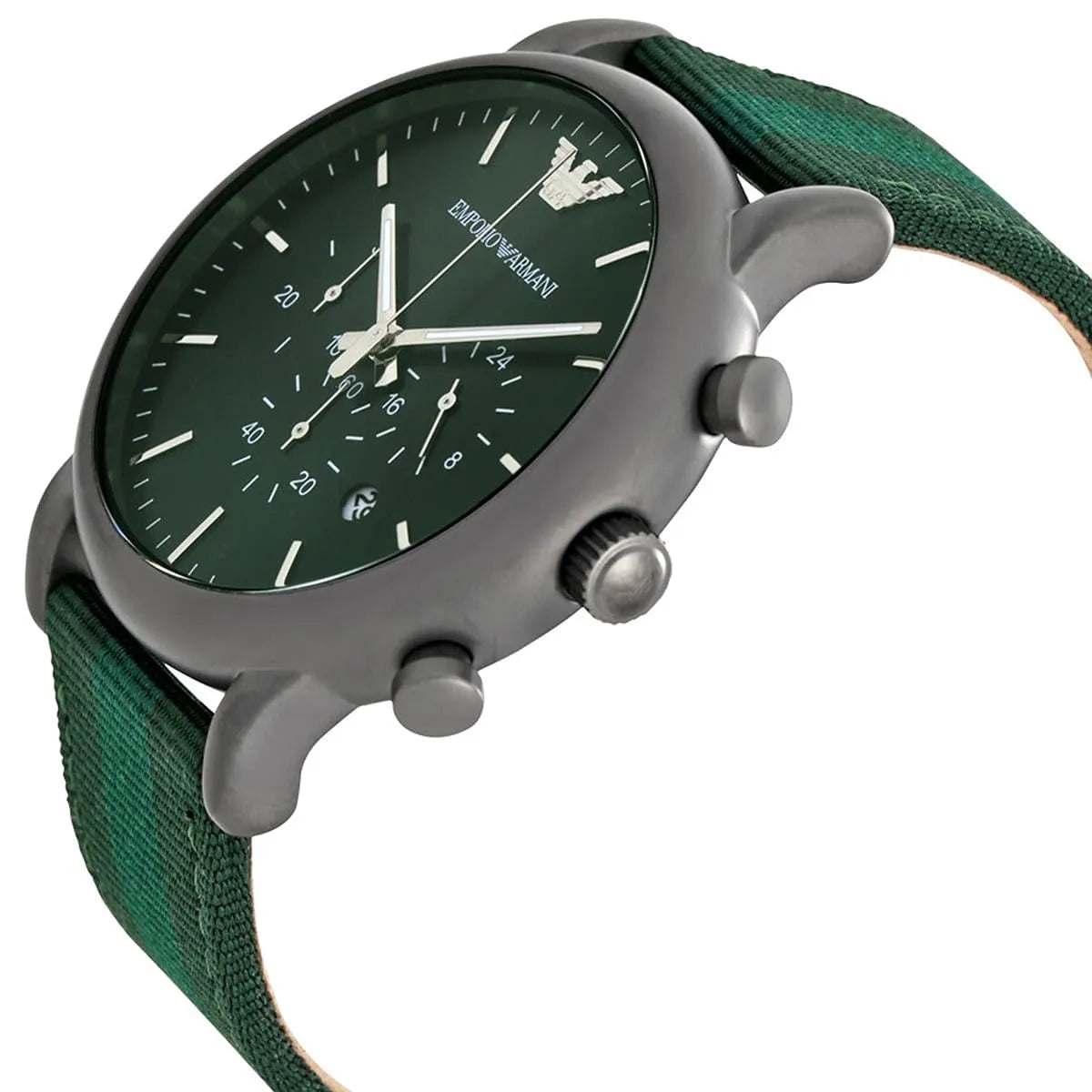 Side profile of AR1950 Emporio Armani chronograph with gunmetal case and chronograph pushers