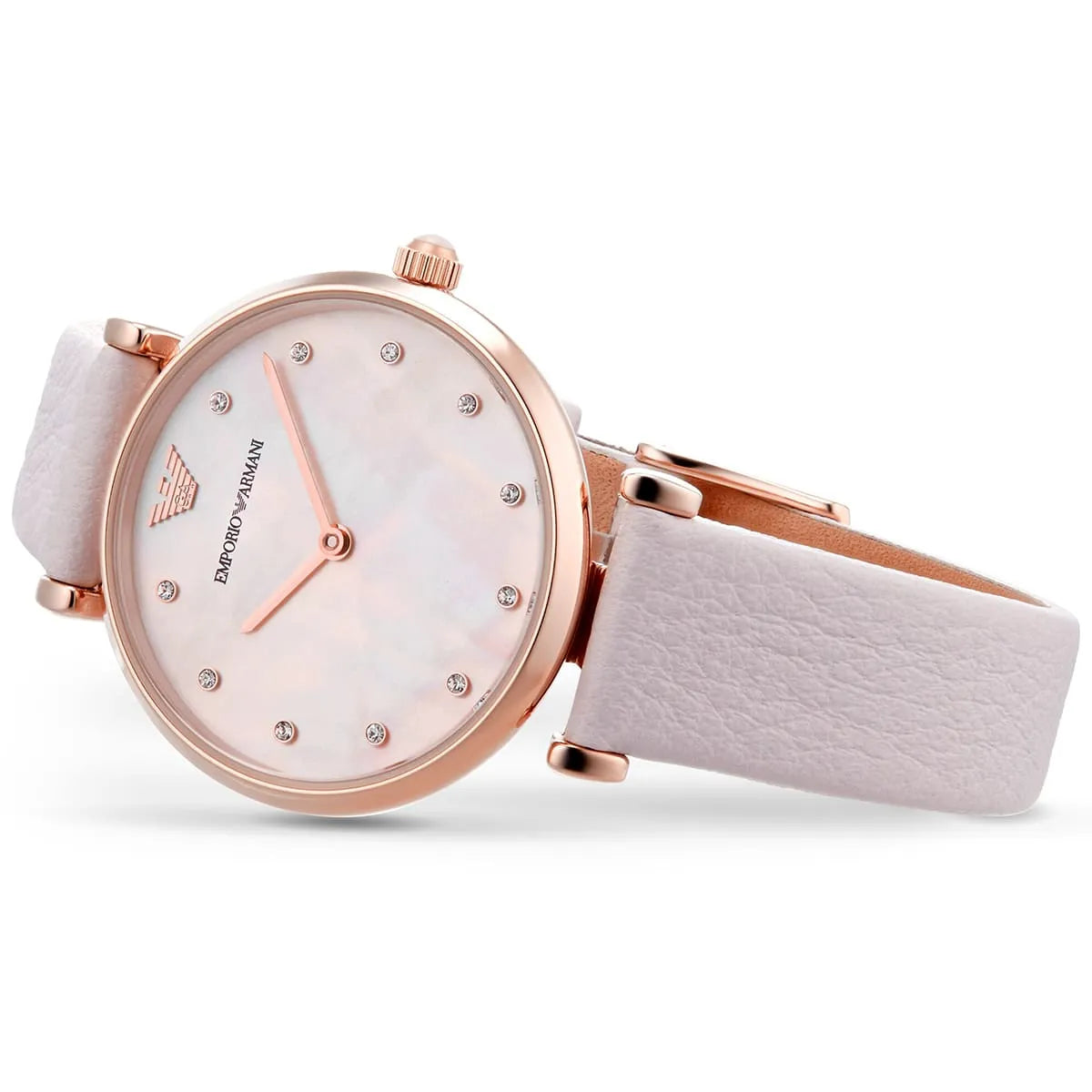 Emporio Armani Retro Rose Gold Tone Pink MOP Dial Leather Women's Watch AR1958