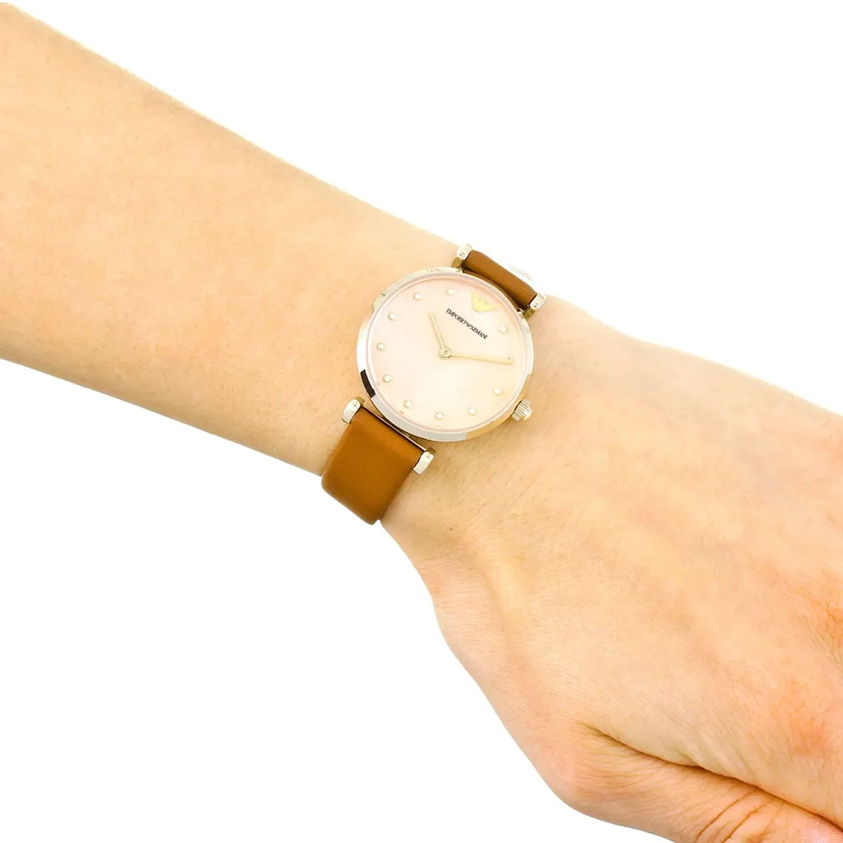 Emporio Armani Gianni T Bar Quartz Pink Mother of Pearl Dial Brown Leather Strap Watch For Women - AR1960