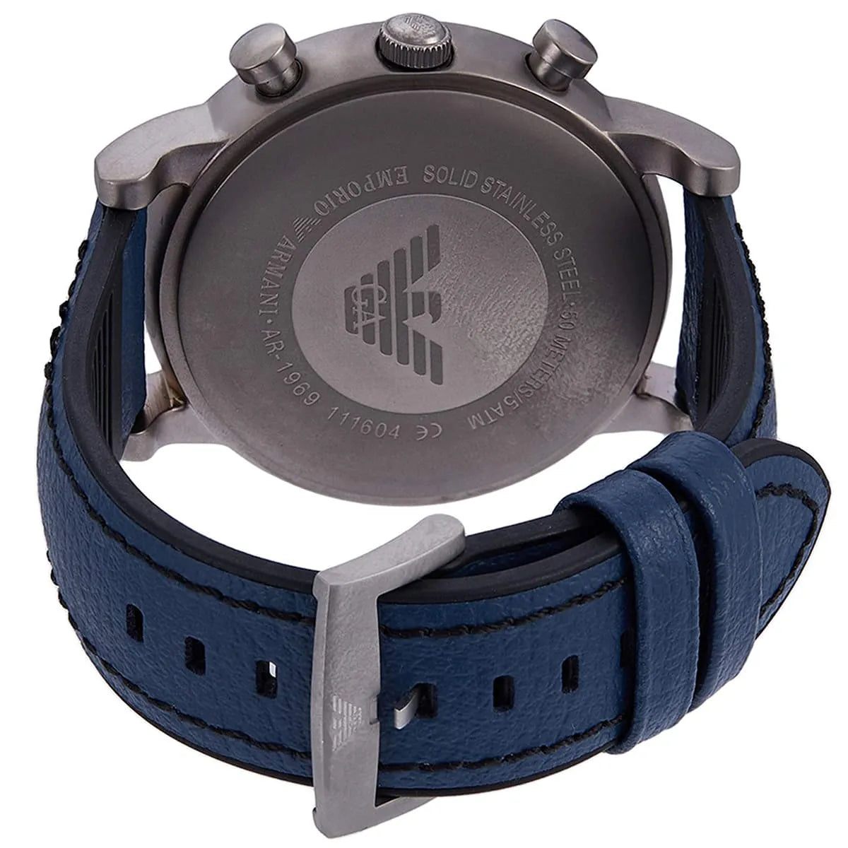 Emporio Armani AR1969 case back with engraved eagle logo and stainless steel