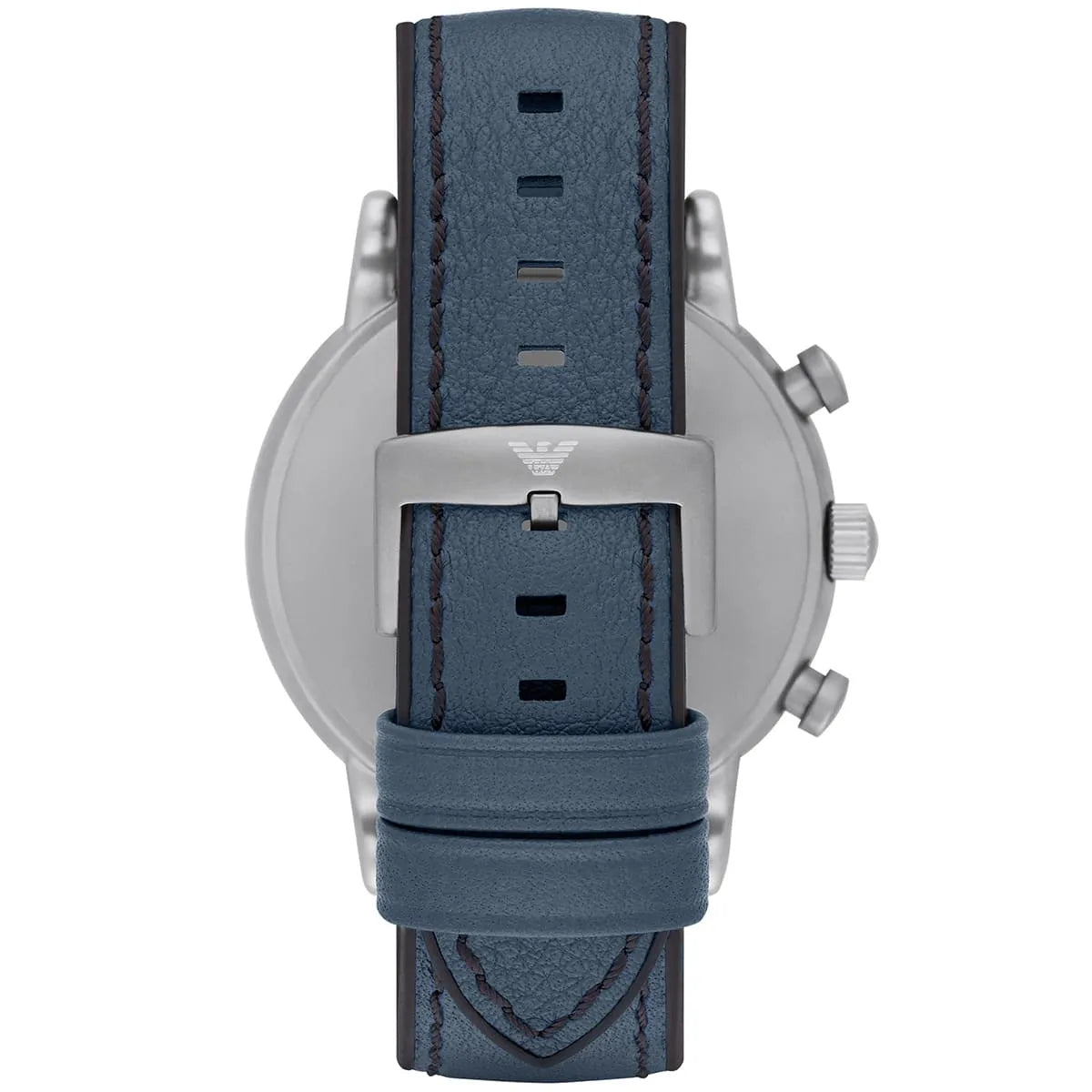 Emporio Armani AR1969 watch caseback with stainless steel case and blue leather strap