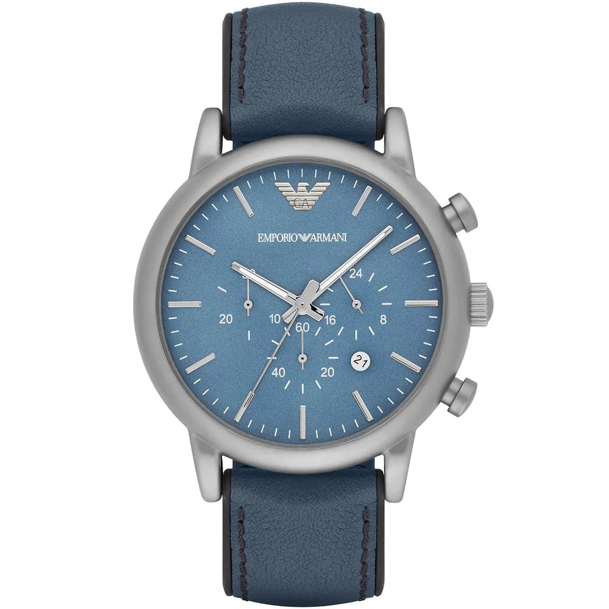 Emporio Armani AR1969 chronograph watch with blue dial and leather strap