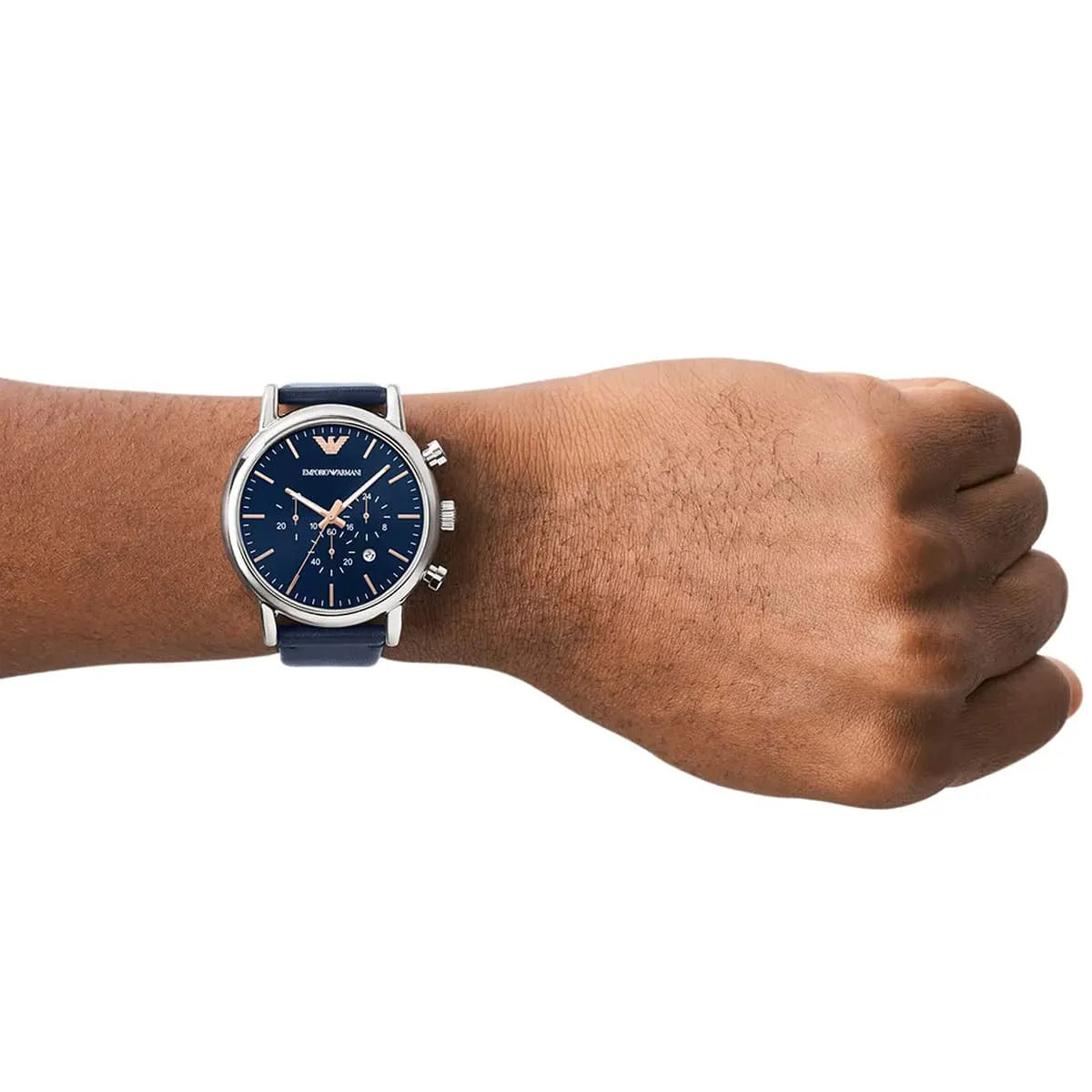 Emporio Armani AR1969 watch on wrist showing blue dial and leather strap