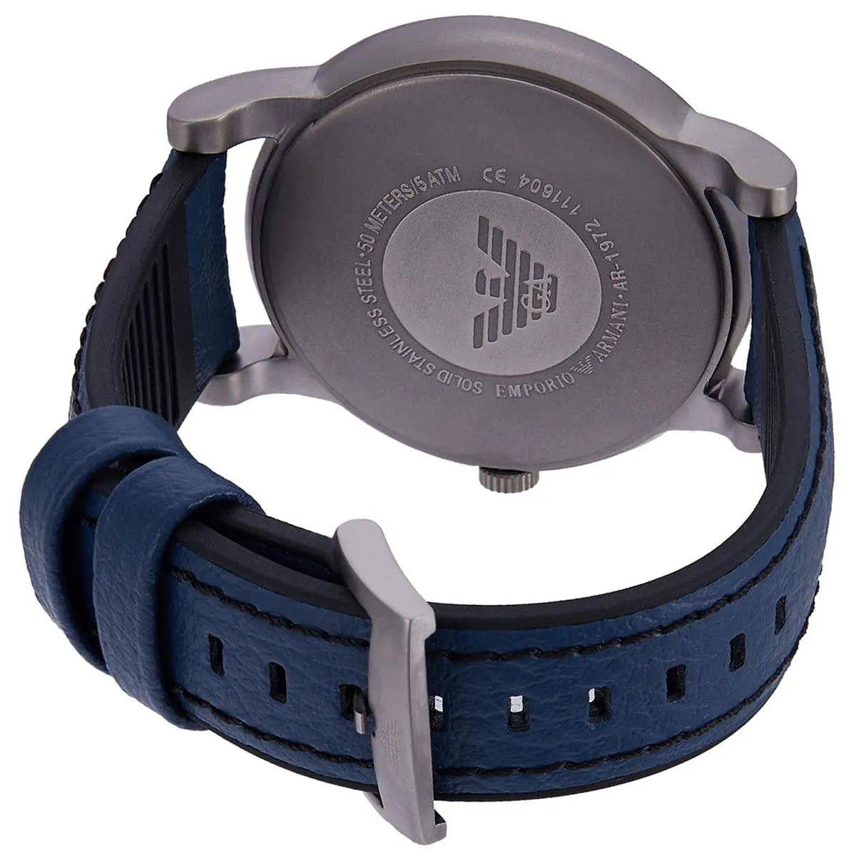 Blue leather strap of Emporio Armani Gianni T-Bar watch with buckle