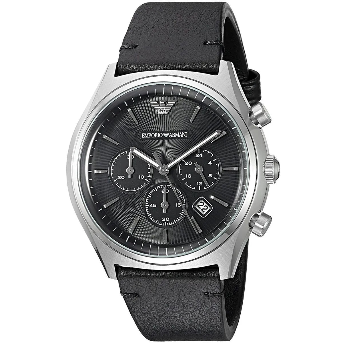 AR1975 Emporio Armani watch angled view showing chronograph subdials and stainless steel case