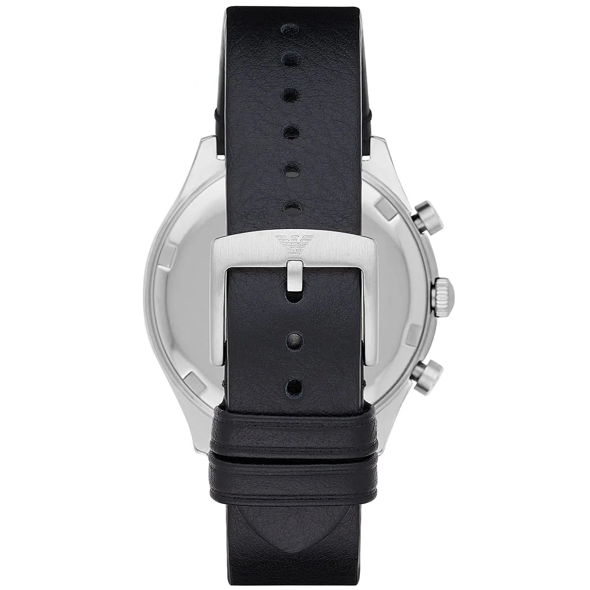 Caseback view of AR1975 showing stainless steel case and Emporio Armani eagle logo