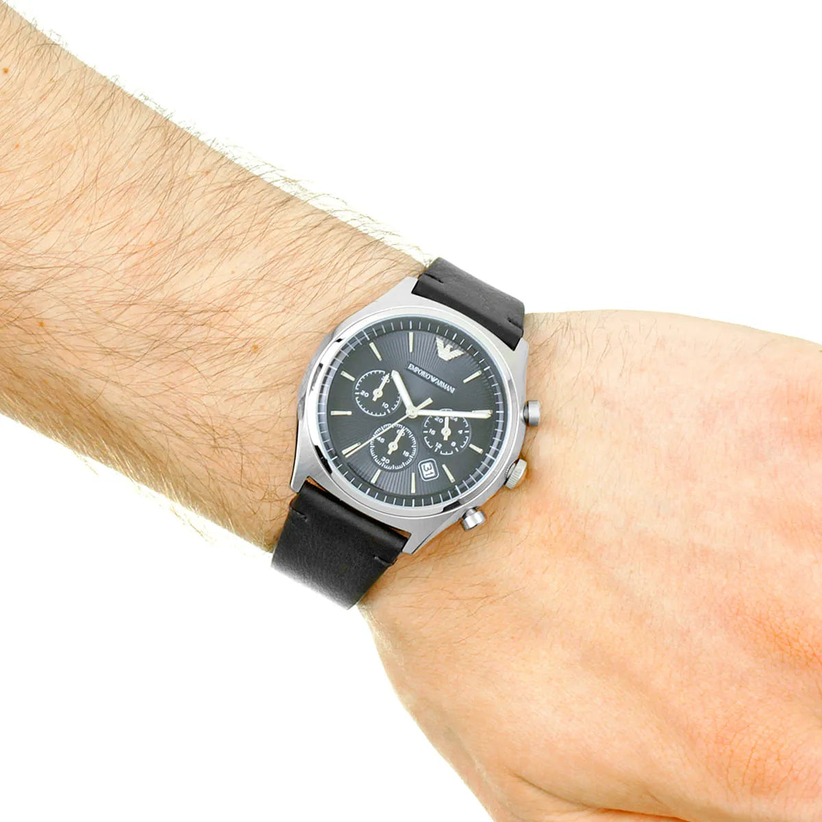 AR1975 Emporio Armani chronograph watch on wrist with black leather strap
