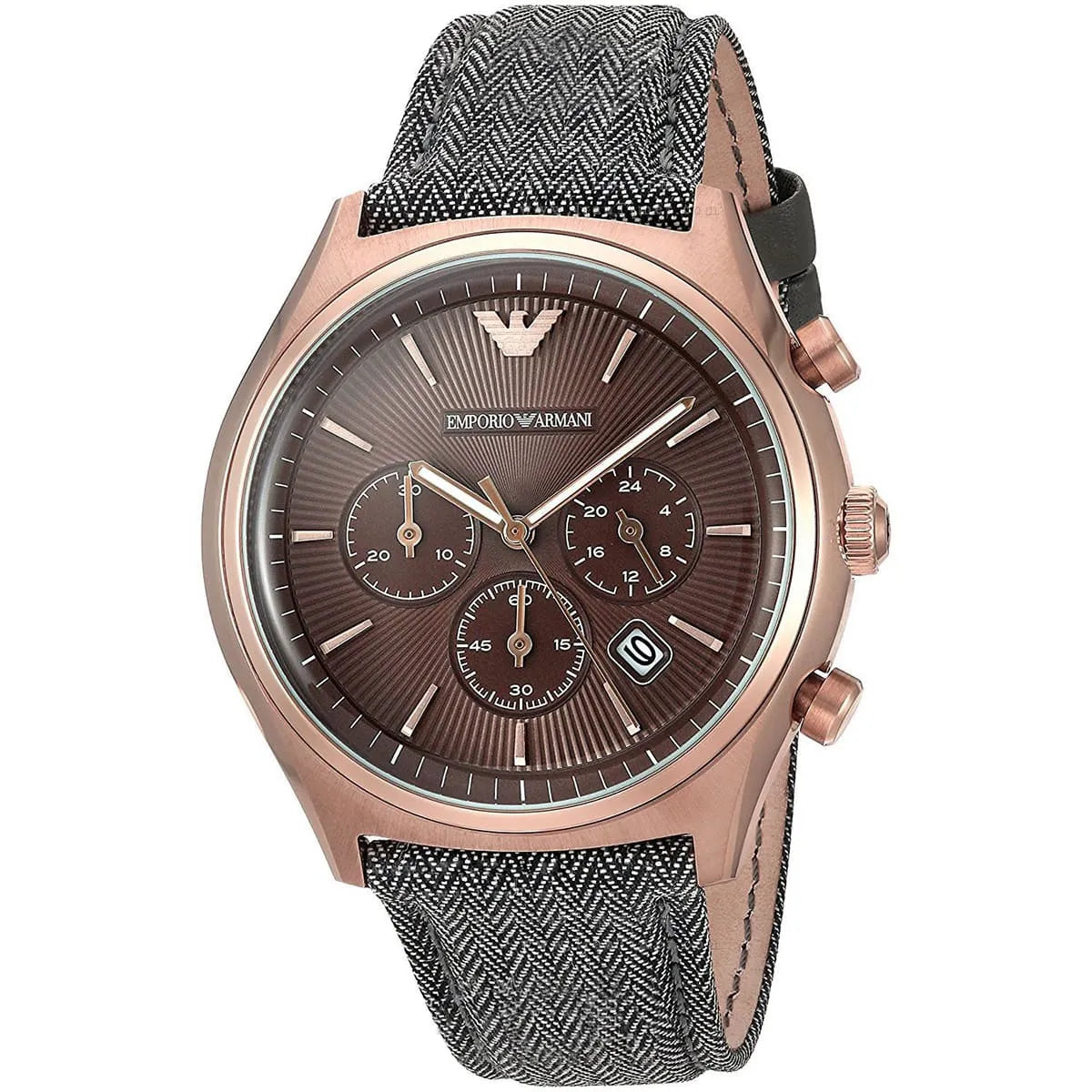 Angled view of Emporio Armani AR1976 showing brown chronograph dial and gray fabric strap