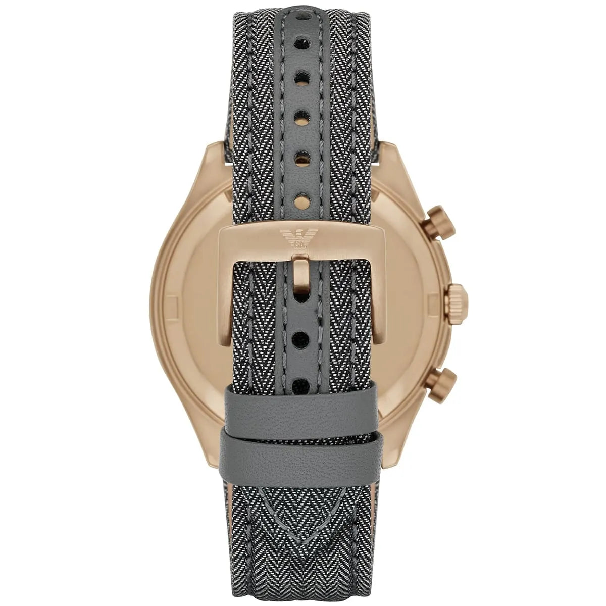 Case back of Emporio Armani AR1976 showing rose gold finish and engraved eagle logo