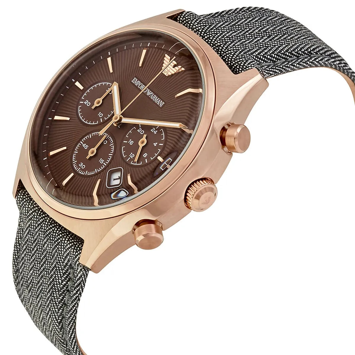 Side view of Emporio Armani AR1976 chronograph with rose gold pushers and gray fabric strap