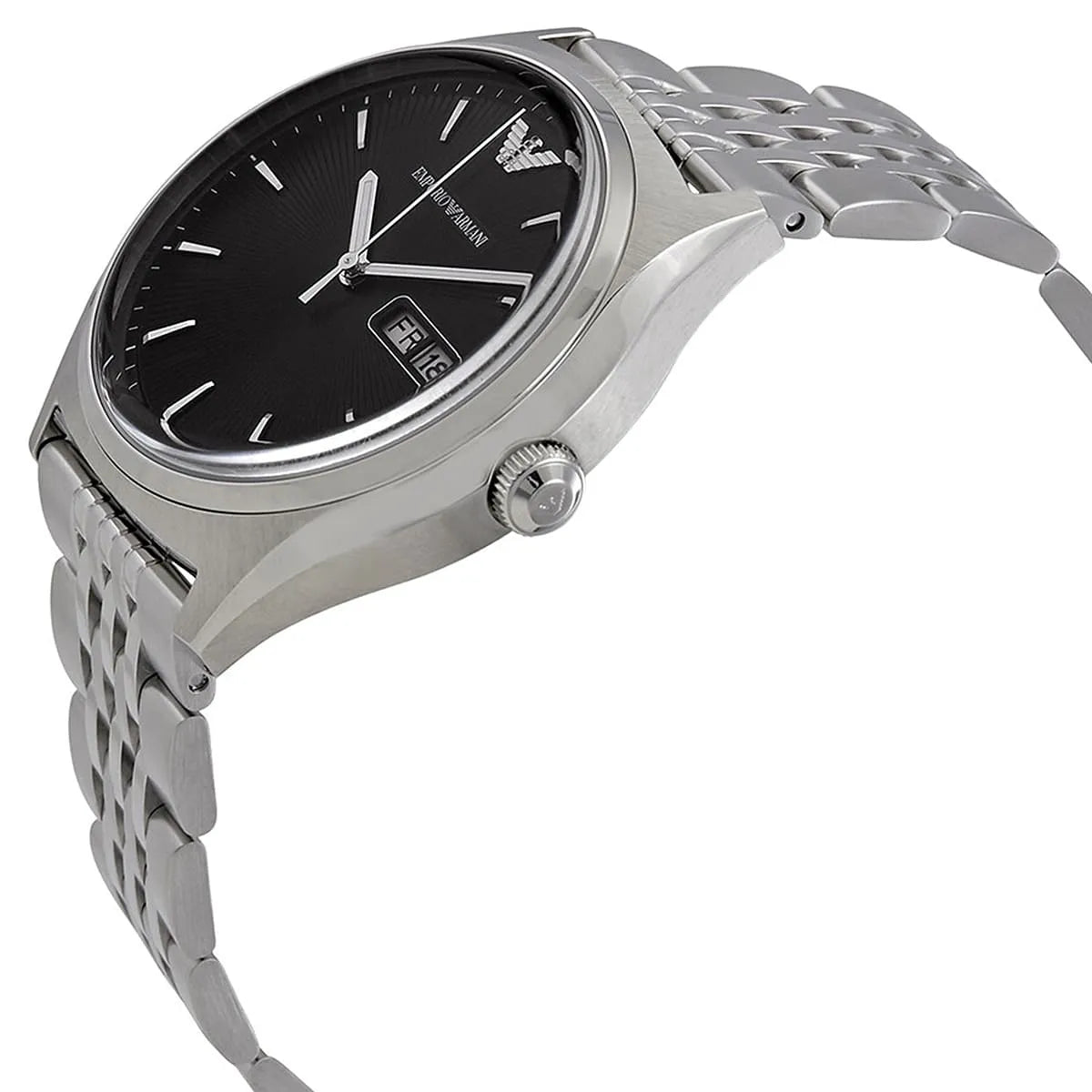 Emporio Armani AR1977 watch tilted view with black dial and silver bracelet