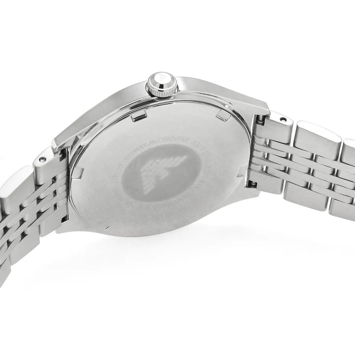 Emporio Armani AR1977 watch caseback showing silver stainless steel