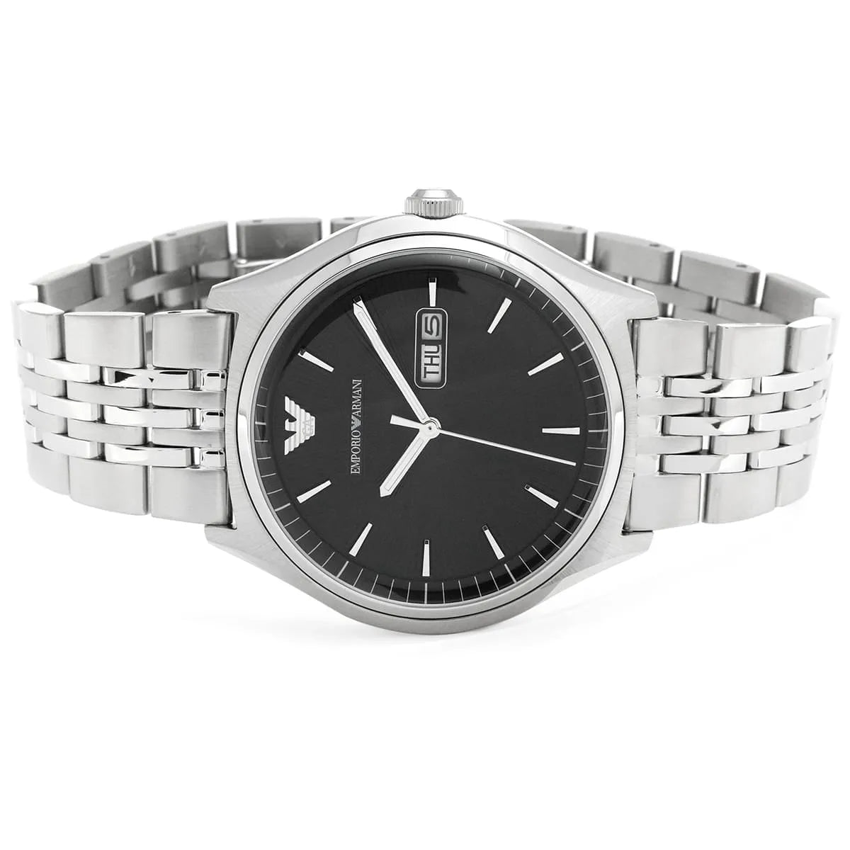 Emporio Armani AR1977 men's watch front view with black dial and silver bracelet