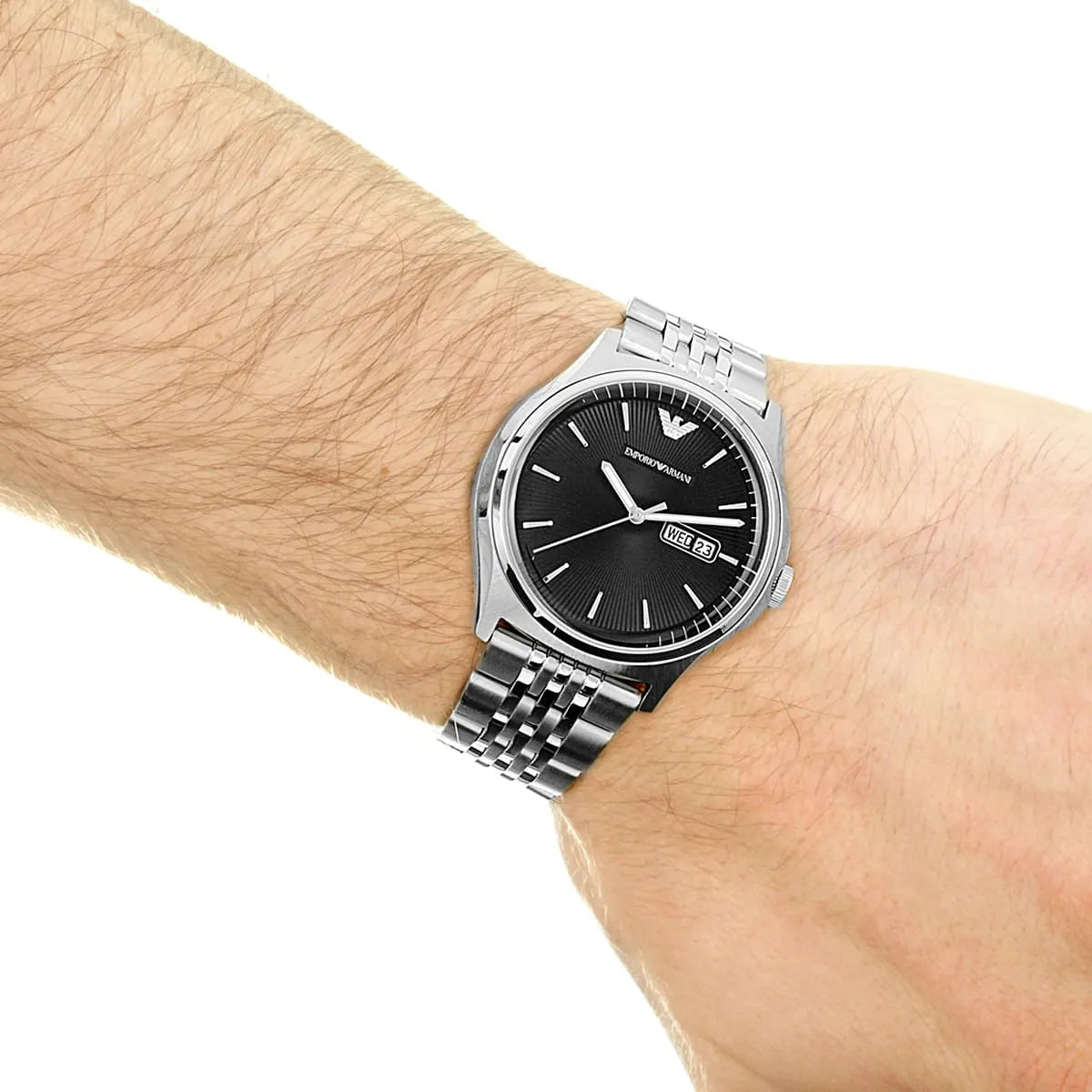 Emporio Armani AR1977 watch worn on wrist showing black dial and silver bracelet