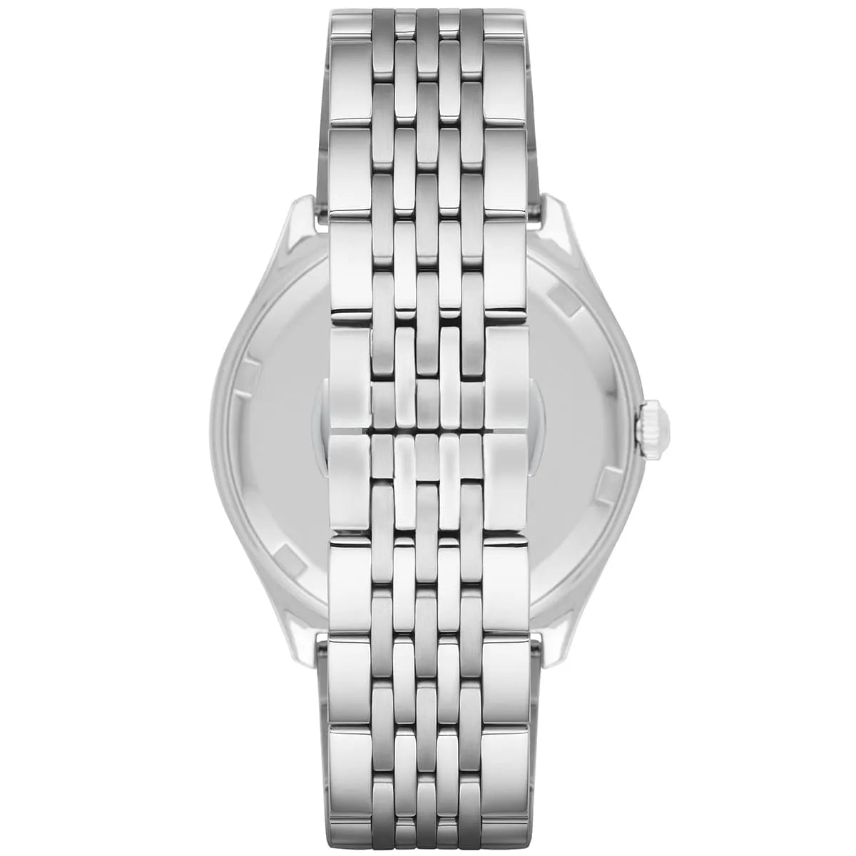 Emporio Armani AR1977 watch side profile showing case and silver metal bracelet