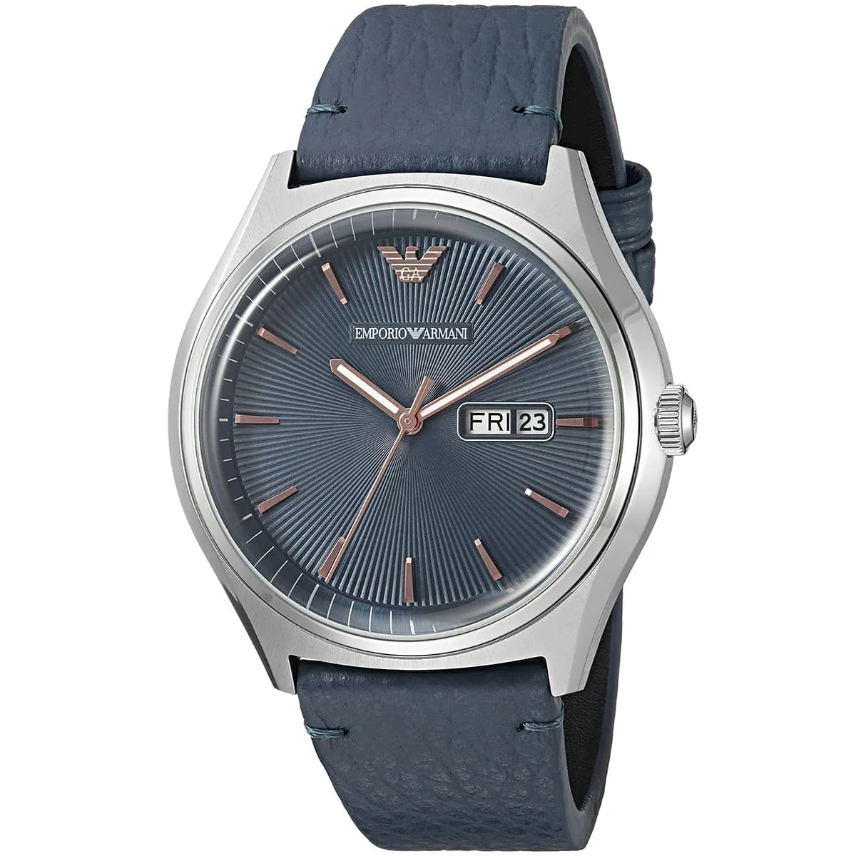 Side angle view of Emporio Armani Gianni T-Bar watch showing blue dial and leather strap