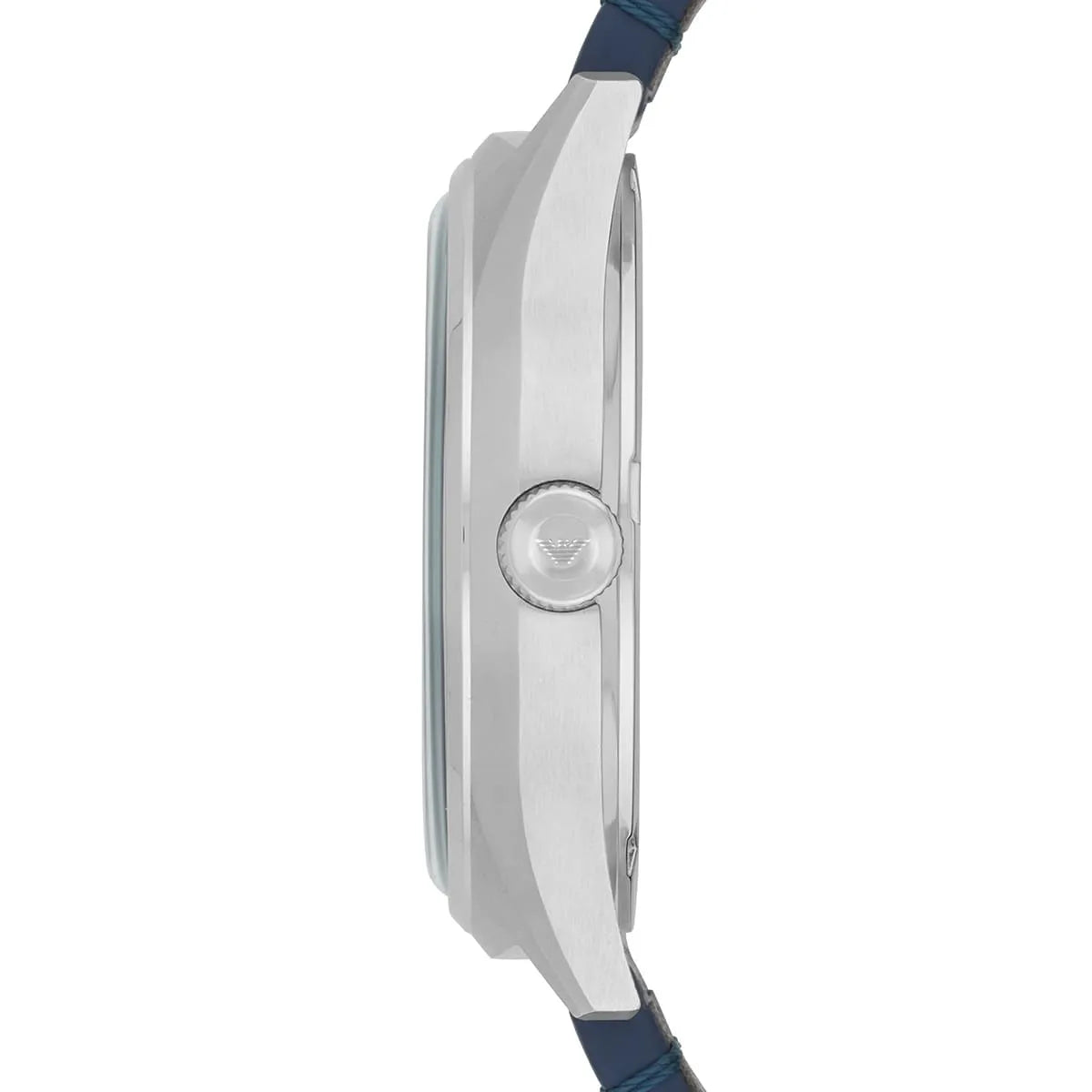 Side profile of Emporio Armani Gianni T-Bar watch showing case thickness and strap