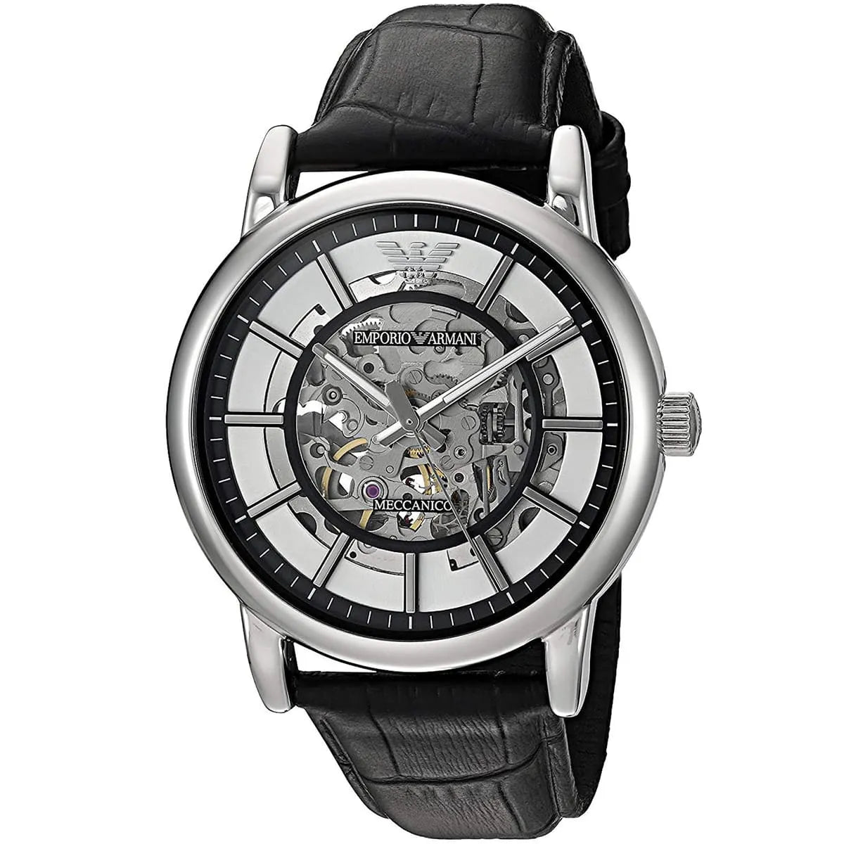 Emporio Armani Luigi Skeleton Automatic Black Genuine Leather Men's Watch - AR1981