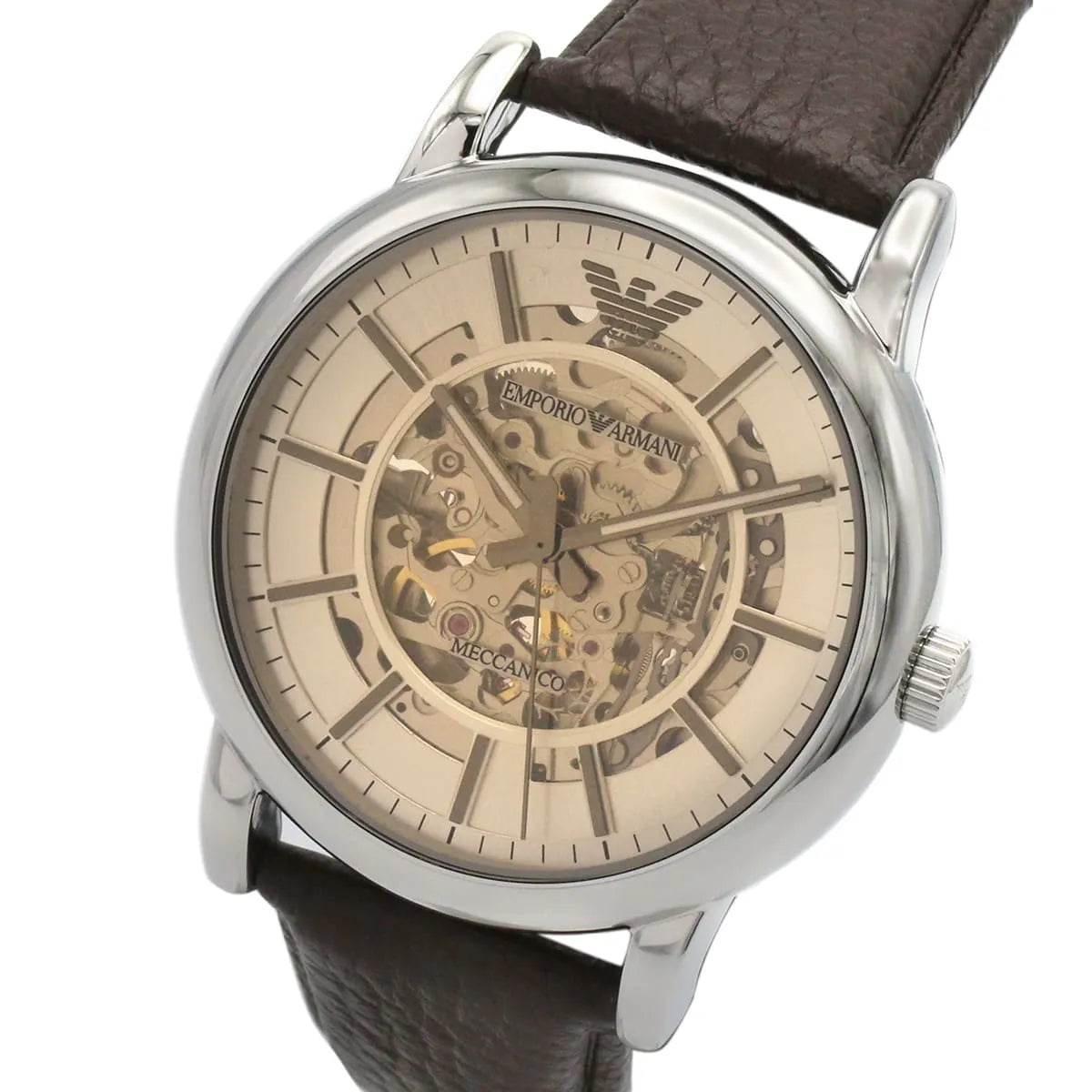 Angled view of Emporio Armani Luigi with skeleton dial and brown strap