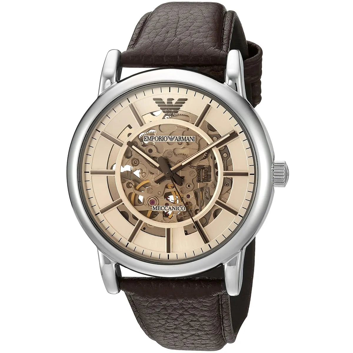 Emporio Armani Luigi automatic watch with skeleton dial, silver case, and brown leather strap