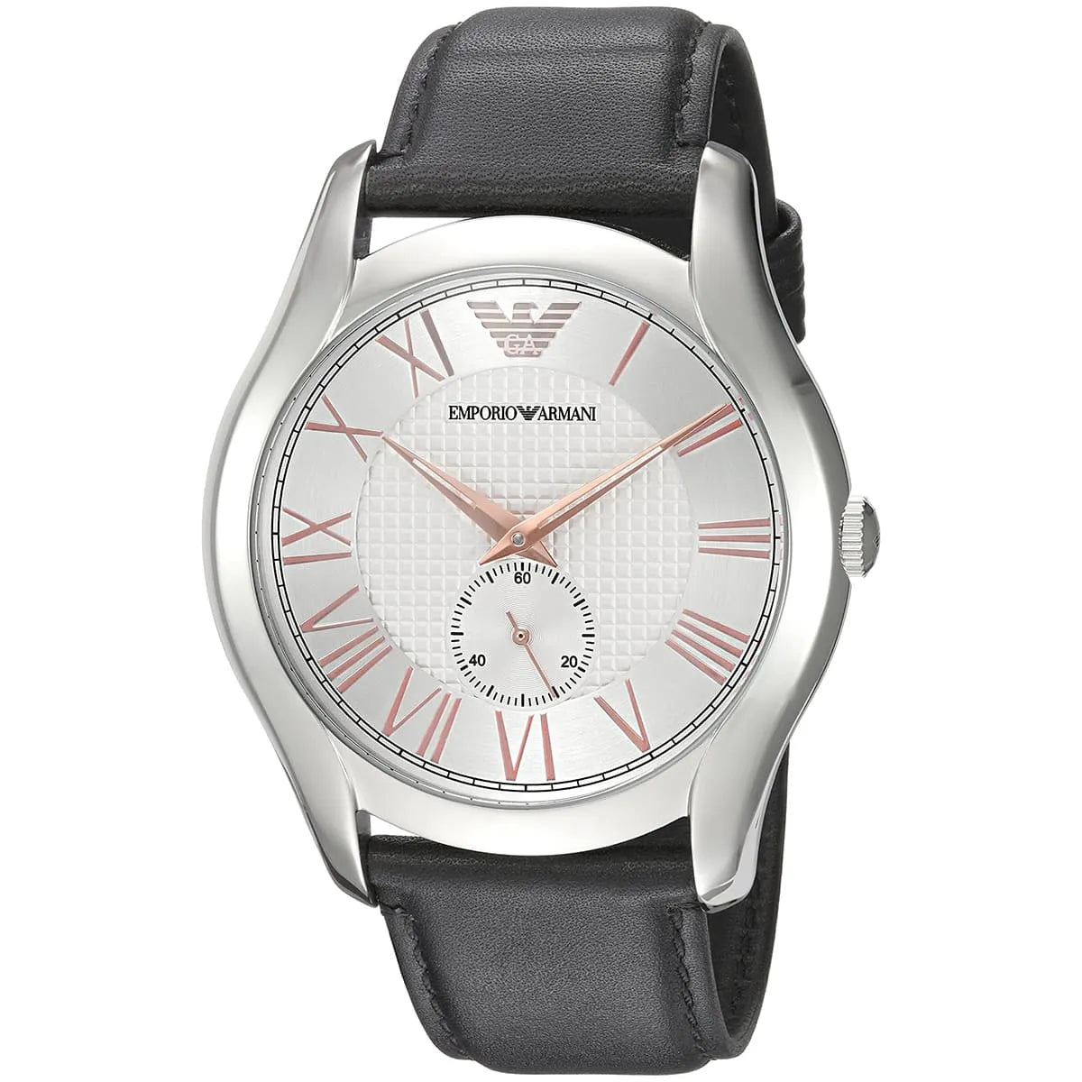 Emporio Armani AR1984 watch angled view showing silver case and black leather strap