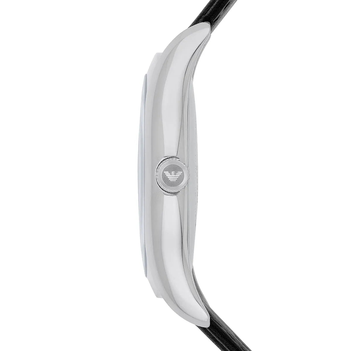 Emporio Armani AR1984 side profile showing thin silver case and black leather strap