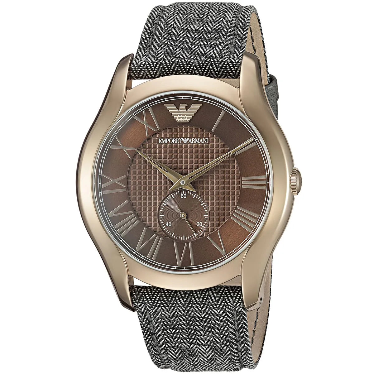 Emporio Armani AR1985 three-quarter view showing brown dial with small subdial and gray strap