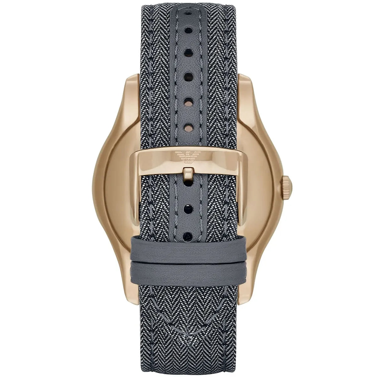 Emporio Armani AR1985 watch caseback view with gray fabric strap and buckle
