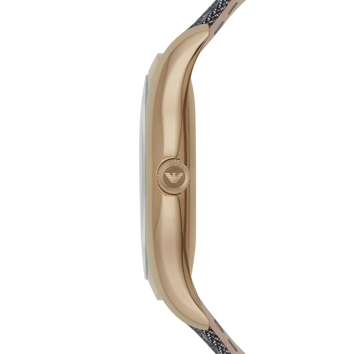 Emporio Armani AR1985 side profile showing slim stainless steel case and gray strap