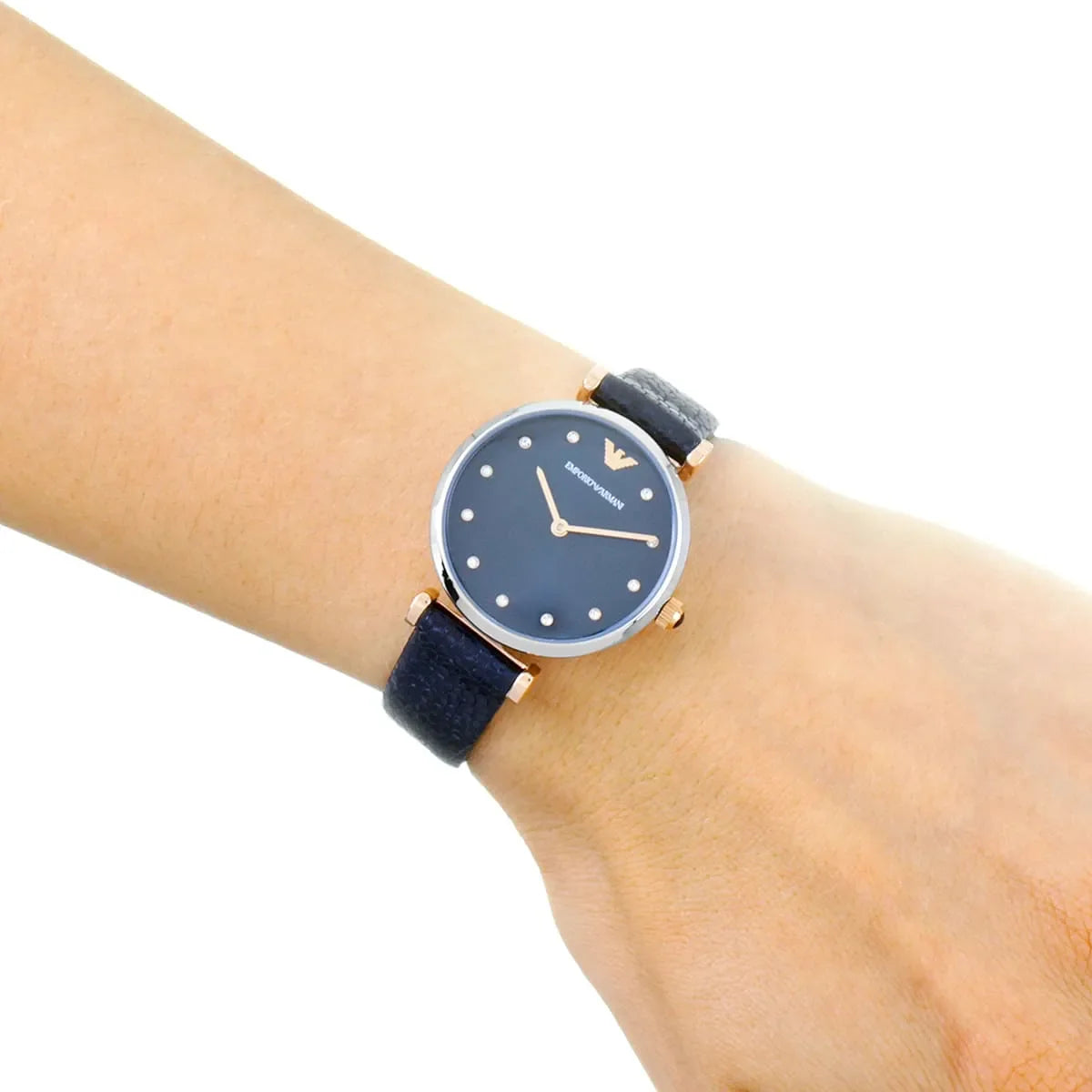Emporio Armani Dark Blue Leather Silver Case Women's Watch Ar1989