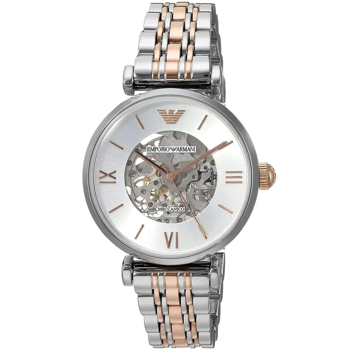 Emporio Armani Gianni T-Bar Silver Skeleton Dial Two Tone Strap Watch AR1992