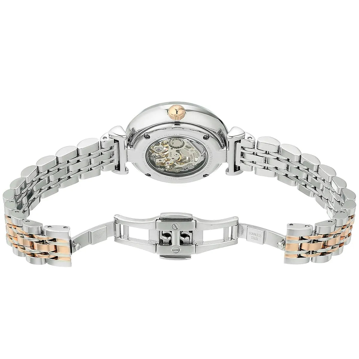 Emporio Armani Gianni T-Bar Silver Skeleton Dial Two Tone Strap Watch AR1992