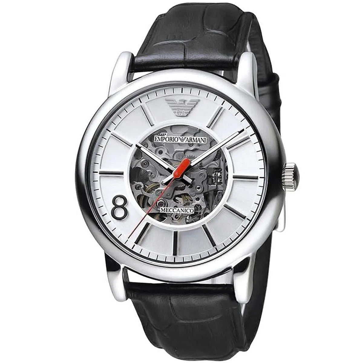 Emporio Armani Meccanico AR1997 angled view showing exposed movement and silver dial
