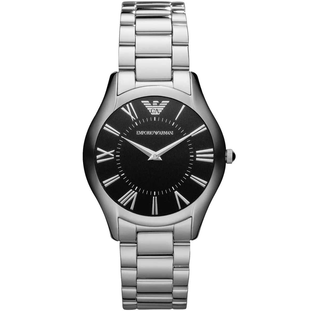 Three-quarter view of Emporio Armani Valente Slim Medium watch on silver metal bracelet