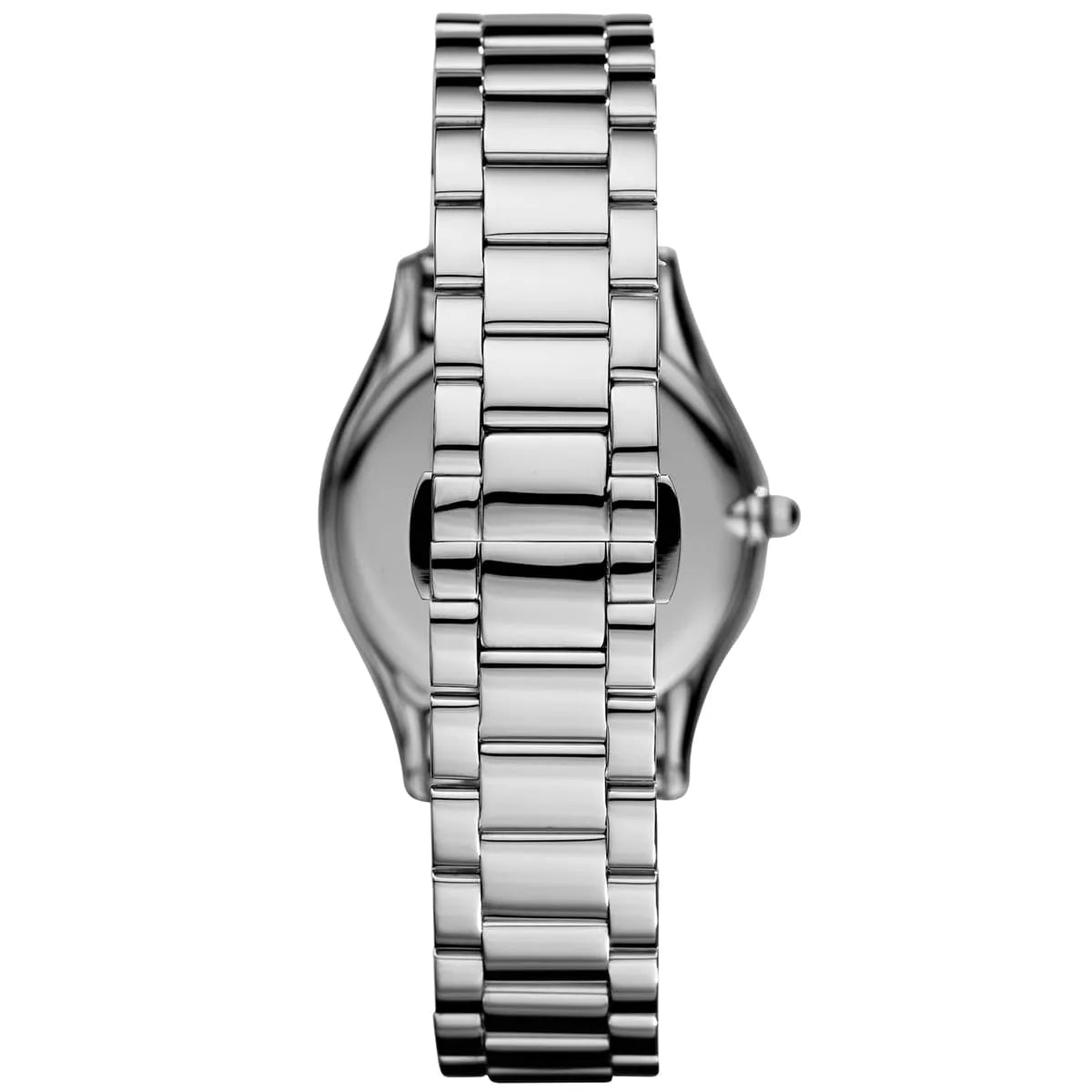 Caseback view of Emporio Armani Valente Slim watch showing silver stainless steel construction