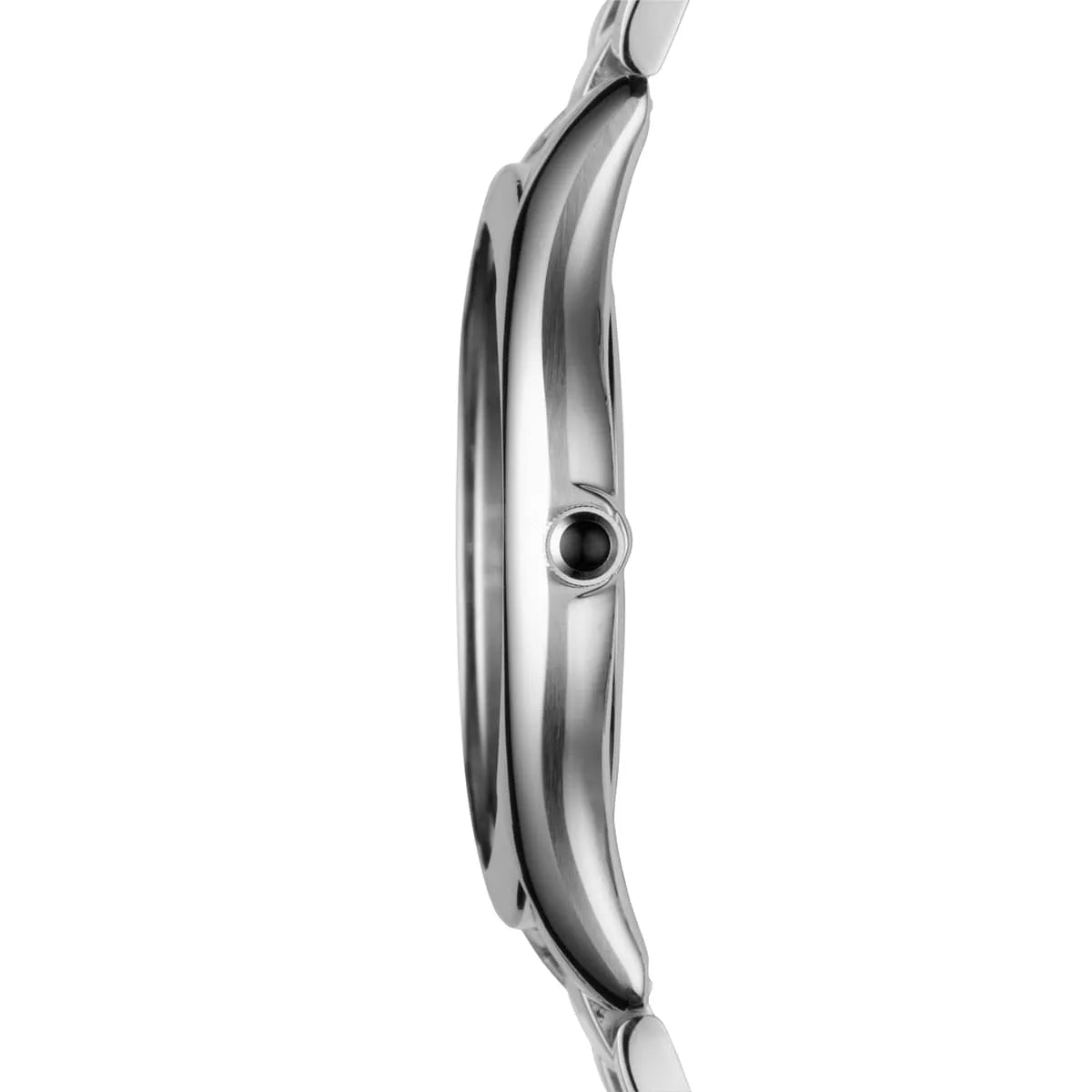 Side profile of Emporio Armani Valente Slim watch showing slim case profile and crown