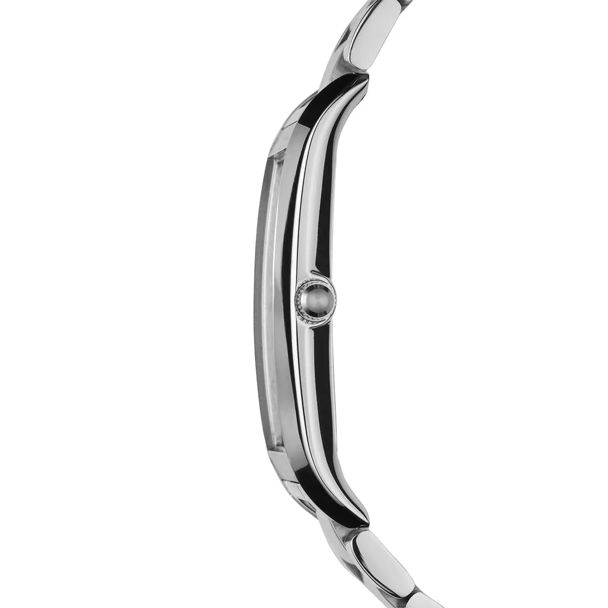 Side profile of Emporio Armani AR2036 rectangular watch case showing thickness and crown