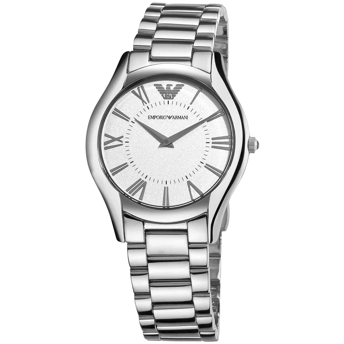 Side angle view of Emporio Armani AR2056 watch showing thin case profile and metal strap